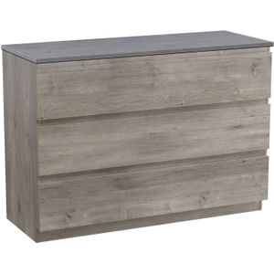 Linie Lado staand badmeubel 120 x 46 cm grijs eiken met Lado enkel of dubbel wastafelblad in melamine beton donkergrijs