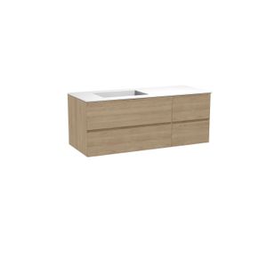 Balmani Mitra zwevend badmeubel 135 x 55 cm fineer naturel eiken met Tablo Stretto asymmetrisch linkse wastafel in solid surface