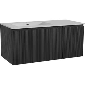 Storke Ribs zwevend badmeubel 110 x 52 cm zwart eiken met Diva asymmetrisch linkse wastafel in composietmarmer hoogglans wit, Verticale asymmetrische rechte ribbel