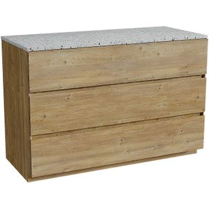 Storke Edge staand badmeubel 120 x 52 cm ruw eiken met Tavola enkel of dubbel wastafelblad in mat wit/zwart terrazzo