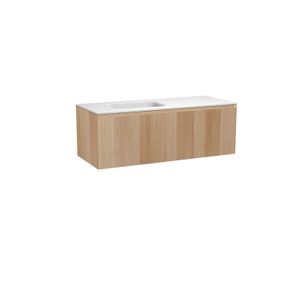 Balmani Idra zwevend badmeubel 135 x 55 cm fineer naturel eiken met Tablo Arcato asymmetrisch linkse wastafel in solid surface