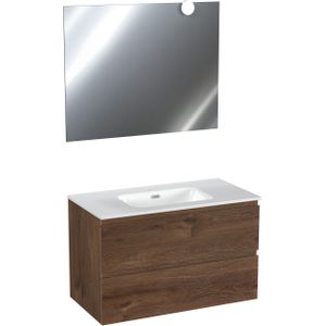 Linie Lado zwevend badkamermeubel  90 x 46 cm bruine eik met Baro enkele wastafel in glanzend witte porselein en Vista spiegel met Globe verlichting