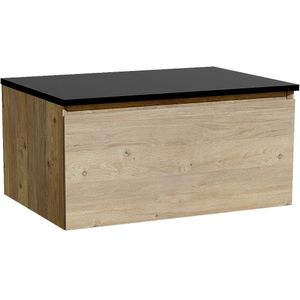 Storke Edge zwevend badmeubel 75 x 52 cm ruw eiken met Panton enkel wastafelblad in gepoedercoate mdf mat zwart