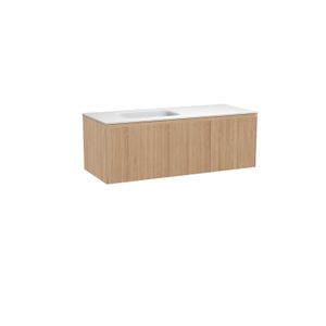 Balmani Fila zwevend badmeubel 135 x 55 cm naturel eiken met Tablo Arcato asymmetrisch linkse wastafel in solid surface mat wit, Verticale symmetrische rechte ribbel