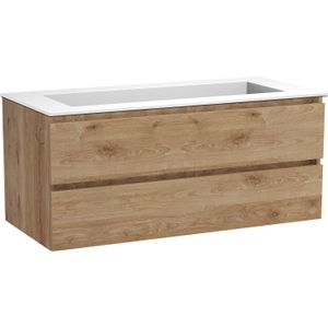 Balmani Lucida zwevend badmeubel 120 x 55 cm ruw eiken met Tablo Stretto enkele wastafel voor 2 kraangaten in solid surface mat wit