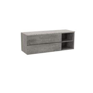 Storke Edge zwevend badmeubel 150 x 52 cm beton donkergrijs met Tavola enkel of dubbel wastafelblad in mat wit/zwart terrazzo