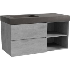 Storke Edge zwevend badmeubel 110 x 52 cm beton donkergrijs met Scuro High asymmetrisch linkse wastafel in kwarts mat zwart