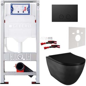 Luca Varess Vinto hangend toilet mat zwart open spoelrand met dunne wc-bril en Geberit Sigma inbouwspoelreservoir UP320 met Burda frame met
