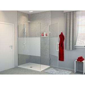 Balmani Modular hoekdouche met deur 140 x 200 cm helder glas met matte strook glanzend chroom profiel