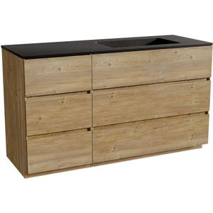 Storke Edge staand badmeubel 140 x 52 cm ruw eiken met Scuro asymmetrisch rechtse wastafel in kwarts mat zwart