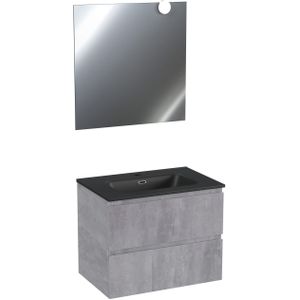 Linie Lado zwevend badkamermeubel  70 x 46 cm beton donkergrijs met Baro enkele wastafel in mat zwarte porselein en Vista spiegel met Globe verlichting