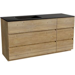 Storke Edge staand badmeubel 150 x 52 cm ruw eiken met Scuro asymmetrisch linkse wastafel in kwarts mat zwart