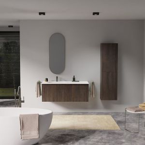 Balmani Forma zwevend badmeubel 120 x 55 cm gerookt eiken met Tablo Oval enkele wastafel voor 2 kraangaten in solid surface mat wit, Verticale symmetrische rechte ribbel