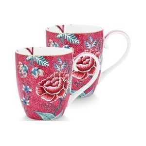 Pip Studio Flower Festival Dark Pink - mokken set/2 - 450ml -  porselein - roze - bloemen