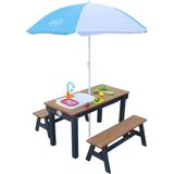 AXI Dennis Zand & Water Picknicktafel met Speelkeuken wastafel en losse bankjes Antraciet/bruin - Parasol Blauw/wit