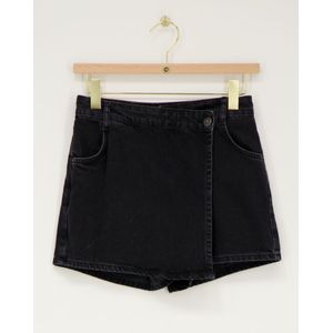 Zwarte denim skort met overslag en knoop