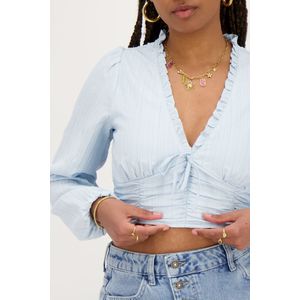 Lichtblauwe crop top met ruffles en smock