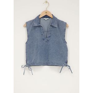 Blauwe mouwloze denim top met aantrekkoord