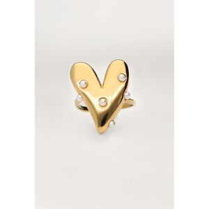 Statement ring met groot hart en imitatieparels
