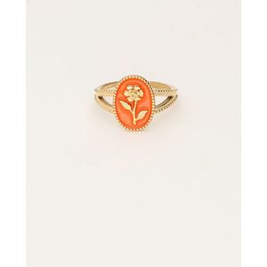 Art oranje statement ring met bloem