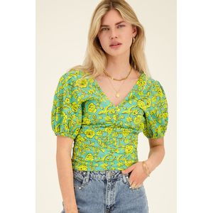 Groene top met bloemenprint&pofmouw