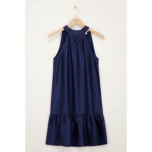 Donkerblauwe halter jurk in satijnen look