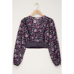 Zwarte crop top met lila en roze bloemenprint