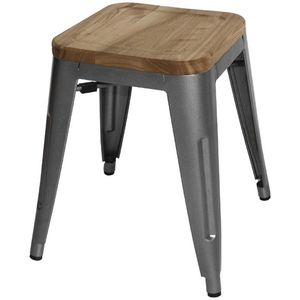 Bistro Kruk | Grijs Staal met Houten Zitting | 45.5(h)x40.5x40.5cm