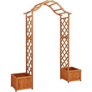 <p>Deze veelzijdige houten pergola met poort is een prachtige toevoeging aan je tuin of buitenruimte. Gemaakt van massief vurenhout, is deze pergola weerbestendig en duurzaam. Met zijn mooie boogvorm is hij perfect als entree, doorgang of decoratie voor je tuinpad.</p>
<p>De pergola wordt geleverd met twee zijbakken waarin je mooie bloemen kunt kweken. Wanneer de wijnstokken omhoog klimmen, zal deze pergola een echte blikvanger zijn in je tuin.</p>
<p>Specificaties:</p>
<ul>
  <li>Materiaal: massief vurenhout met gelakte waterbasisafwerking</li>
  <li>Afmetingen: 175 x 40 x 204 cm (B x D x H)</li>
  <li>Afmetingen buitenmaten: 40 x 40 x 31 cm (B x D x H)</li>
  <li>Afmetingen binnenmaten: 36 x 36 x 24 cm (B x D x H)</li>
  <li>Loopbreedte: 97 cm</li>
  <li>Montage vereist</li>
</ul>