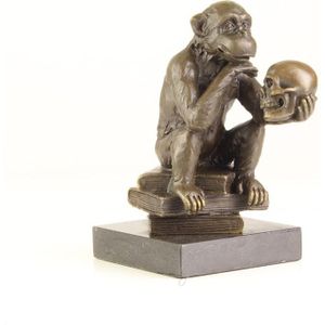 BRONZEN DARWIN AAP ZITTEND OP STAPEL BOEKEN