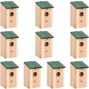 <p>Deze set van 10 mooie houten vogelhuisjes is gemaakt van duurzaam hout en is speciaal ontworpen voor een gelukkige gevederde familie! Het voegt een vrolijke noot toe aan je tuin en biedt een veilig onderkomen voor je gevederde vrienden.</p>
<p>De vogelhuisjes hebben een groen dak en een houtkleurige behuizing, waardoor ze zowel mooi als natuurlijk ogen. Ze zijn niet alleen een prachtige toevoeging aan je tuin, maar ook een veilig nest voor de vogels.</p>
<p>Met het metalen ophangonderdeel kunnen de vogelhuisjes eenvoudig in je tuin worden opgehangen. Zo kunnen de vogels meteen genieten van hun nieuwe thuis.</p>
<ul>
  <li>Materiaal: massief vurenhout</li>
  <li>Totale afmetingen: 12 x 12 x 22 cm (B x D x H)</li>
  <li>Diameter ingang: 4 cm</li>
  <li>Levering bevat: 10 x vogelhuis</li>
</ul>
<p>Met deze set van 10 houten vogelhuisjes geef je niet alleen je tuin een oppepper, maar zorg je ook voor een veilige en comfortabele plek voor de vogels. Bestel ze nu en creëer een paradijs voor de gevederde vrienden in je tuin!</p>