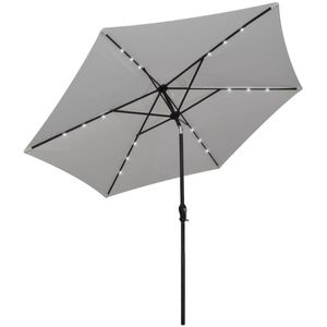 <p>Deze LED parasol is gemaakt van UV-bestendig polyester, wat je huid beschermt tegen schadelijke zonnestralen. Het ventilatiegat in het doek zorgt voor stabiliteit en ventilatie, waardoor je je comfortabeler voelt. Daarnaast heeft deze parasol 18 LED-lampen op zonne-energie, wat zorgt voor extra verlichting en romantiek tijdens je buitenetentje. De parasol heeft een diameter van 3 meter en een hoogte van 2,25 meter. Het stalen frame is zwart gepoedercoat en de luifel is zandwit van kleur. De parasol wordt geleverd met een zwengel en kantelmechanisme, waardoor je hem gemakkelijk kunt verstellen. Met 6 stalen baleinen en een enkel ventilatiegat is deze parasol winddicht en biedt hij goede bescherming tegen UV-zonnestralen. Het materiaal van de parasol is 100% polyester.</p>
<ul>
  <li>Kleur doek: zandwit</li>
  <li>Materiaal luifel: polyester</li>
  <li>Diameter doek: 3 m</li>
  <li>Hoogte: 2,25 m</li>
  <li>Materiaal: stalen frame met een zwart gepoedercoate afwerking</li>
  <li>Standaard met twee delen: 38 mm</li>
  <li>Met zwengel en kantelmechanisme</li>
  <li>Met 18 LED-lampen op zonne-energie</li>
  <li>Met 6 stalen baleinen</li>
  <li>Enkel ventilatiegat (geen flap)</li>
  <li>Zwevend ontwerp</li>
  <li>Hangende parasol met krukas</li>
  <li>Winddicht</li>
  <li>Goeie ventilatie en bescherming tegen UV-zonnestralen</li>
  <li>Goede verlichting in de avond</li>
  <li>Materiaal: Polyester: 100%</li>
</ul>