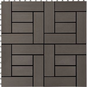 <p>Deze HKC terrastegelset is perfect voor het creëren van een stijlvolle en duurzame buitenruimte. De set bestaat uit 11 tegels met een individuele tegelmaat van 30 x 30 cm, wat resulteert in een totale oppervlakte van 1 vierkante meter.</p>
<p>Of je nu een terras, balkon, badkamer, zwembad of spa wilt opknappen, deze tegels zijn de ideale keuze. Ze zijn gemaakt van hoogwaardig hout-kunststof-composiet (HKC), waardoor ze waterbestendig en zeer duurzaam zijn.</p>
<p>Wat deze tegels echt handig maakt, is het in elkaar grijpende verbindingssysteem. Hierdoor kun je ze eenvoudig en snel installeren zonder dat er gereedschap nodig is. Dit bespaart je tijd en moeite.</p>
<p>De donkerbruine kleur van de tegels geeft een warme en natuurlijke uitstraling aan je buitenruimte. Ze passen perfect bij verschillende stijlen en kunnen gemakkelijk worden gecombineerd met andere tuinmeubelen en accessoires.</p>
<ul>
  <li>Kleur: donkerbruin</li>
  <li>Materiaal: hout-kunststof-composiet (HKC)</li>
  <li>Afmetingen per tegel: 30 x 30 cm (L x B)</li>
  <li>Totale oppervlakte: 1 m²</li>
  <li>Levering bevat 11 terrastegels</li>
</ul>
<p>Met deze HKC terrastegelset haal je kwaliteit en gemak in huis. Creëer een prachtige buitenruimte waar je kunt ontspannen en genieten van de natuur.</p>