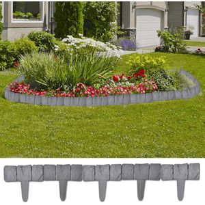 <p>Deze moderne tuinafscheiding heeft een eigentijdse steen-look en is vervaardigd van hoogwaardig plastic. Met behulp van de stevige pin kan de afscheiding eenvoudig in de grond worden bevestigd. Elk stuk heeft een totale lengte van 25 centimeter en een hoogte van 22,5 centimeter. De set bestaat uit 41 stuks, waarmee een bereik van 10 meter kan worden gecreëerd.</p>
<p>Specificaties:</p>
<ul>
  <li>Kleur: Grijs (steen-look)</li>
  <li>Materiaal: Plastic</li>
  <li>Lengte: 25 cm</li>
  <li>Hoogte: 9,5 cm zonder pin, 22,5 cm inclusief pin</li>
  <li>Dikte: 1 cm</li>
  <li>Aan elkaar te bevestigen</li>
</ul>