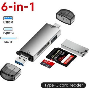 Multifunctionele Usb 3.0 Kaartlezer U Schijf Type C/Micro Usb/Tf/Sd Flitsaandrijving Geheugenkaart Lezing Adapter Telefoon Accessoires , 6 in 1 - grijs