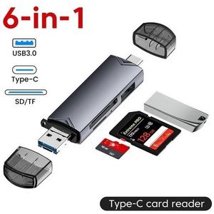 Multifunctionele Usb 3.0 Kaartlezer U Schijf Type C/Micro Usb/Tf/Sd Flitsaandrijving Geheugenkaart Lezing Adapter Telefoon Accessoires , 6 in 1 - donkergrijs