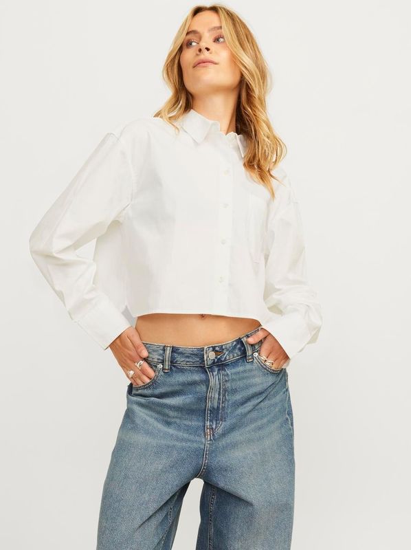 Poplin Overhemd - Cropped - Lange Mouwen - Relaxed Fit - Knoopsluiting