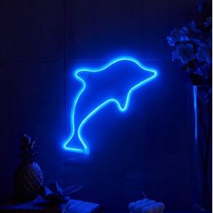 LED Neon Wandlamp "Dolfijn", Op Batterijen en USB, 30x20x2cm, Blauw