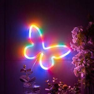 LED Neon Wandlamp "Vlinder", Op Batterijen en USB, 23x23x2cm, Multicolor