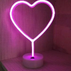 LED Neon Tafellamp "Hart", Op Batterijen en USB, 20x10x29cm, Roze