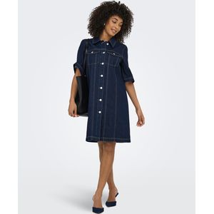 Denim Jurk - Blauw - Korte Mouwen - Overhemdkraag - Box Mouwen
