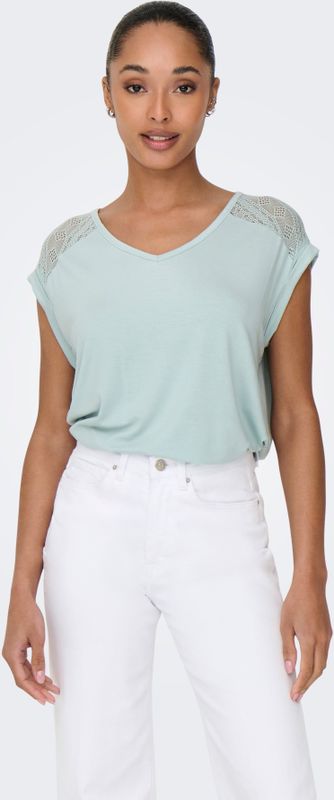 Top - V-Hals - Korte Mouwen - Kanten Detail - Regular Fit