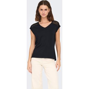 Onljojo - Top - Zwart - Katoen - Kanten Detail - V-Hals - Korte Mouwen