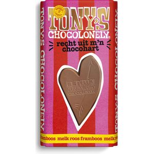 Chocolade Tonys Chocolonely recht uit m&#039;n chocohart - melk roos framboos 180 gram, 1 reep