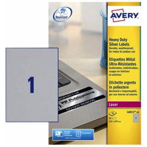 Etiket Avery L6013-20 210x297mm zilver 20stuks