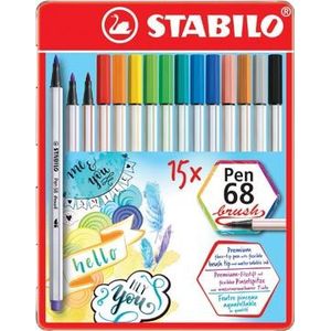 STABILO Pen 68 brush, metalen doos van 15 stuks in geassorteerde kleuren