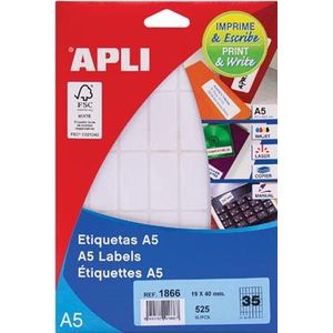 Apli witte etiketten Print & Write ft 19 x 40 mm (b x h), 525 stuks, 35 per blad (1866)