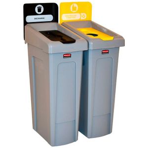 Slim Jim Recyclingstation 2-stroom FR deksel gesloten (zwart)/flessen (geel), Rubbermaid