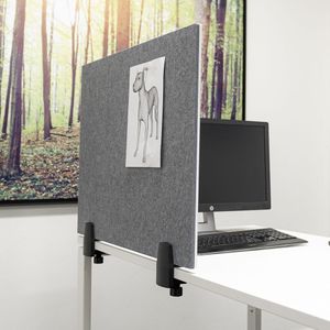 Scheidingsscherm Bureau/Tafel, whitebord extra hygienisch emailstaal wit / prikbord akoestisch grijs, 58x160x0,5 cm