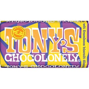 Chocolade Tonys Chocolonely wit framboos biscuit discodip 180 gram, 1 reep